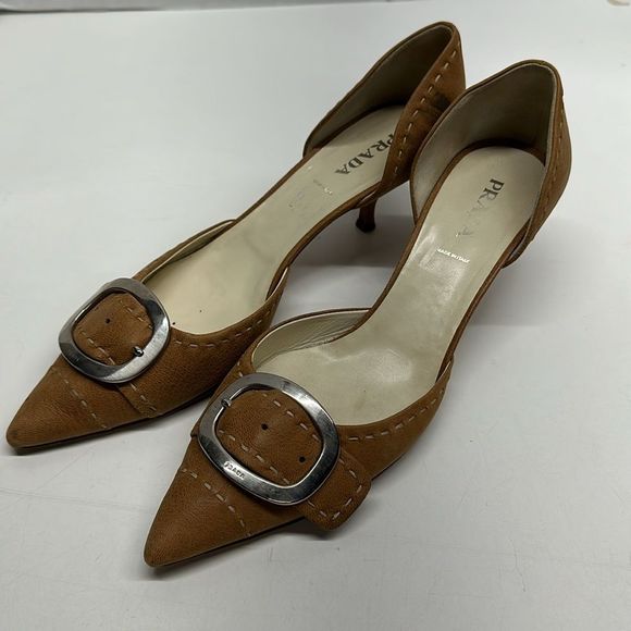 Prada Heels Low Kitten Heel Pointed Toe Buckle Suede in Light Brown Size 42 12 - Picture 8 of 16